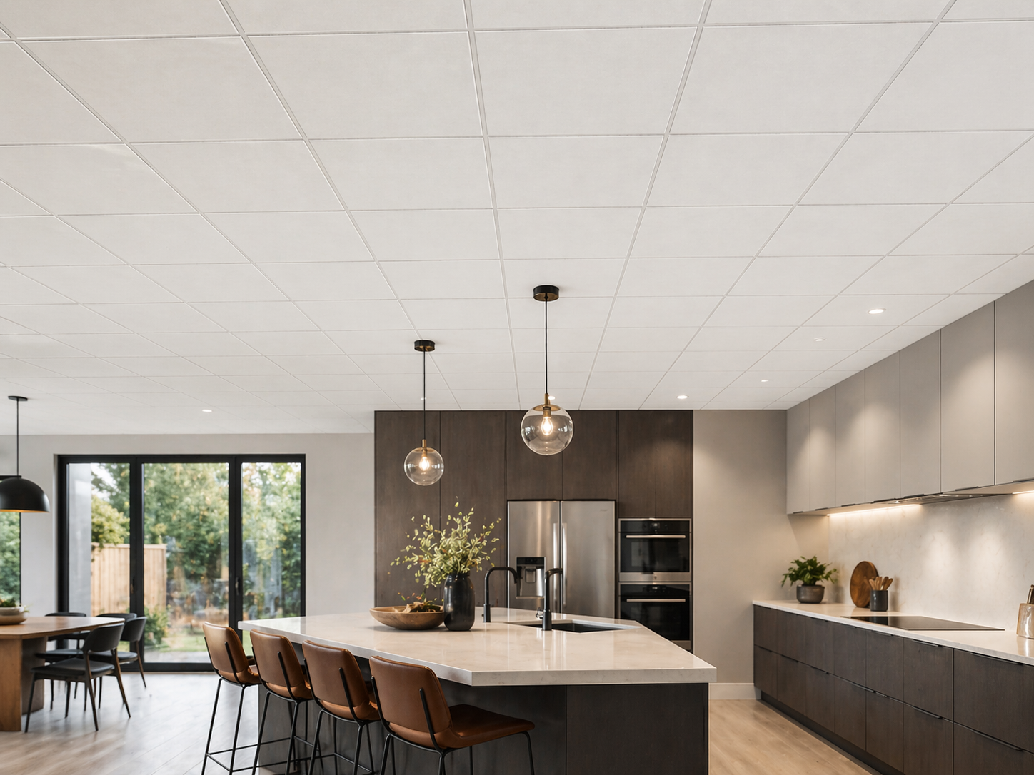 SmoothLine Moisture Resistant Ceiling Tiles Installed in Modern Kitchen – White Suspended Ceiling Tiles 600x600mm Grid